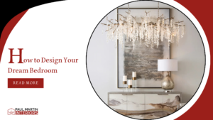 A bedroom corner with a glass chandelier, along with the blog title and a 'read more’ button